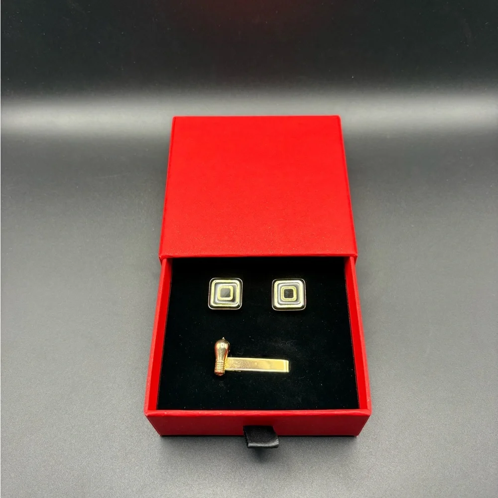 Vintage Black Enamel Gold Tone Cufflinks Tie Tack Set Mid Century Mens Formal